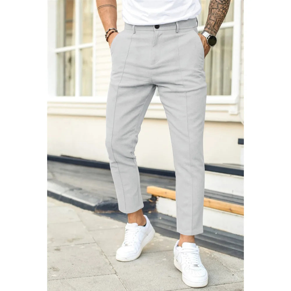 Mannen Business Casual Potlood Broek Losse Pak Broek Mannen Effen Geplooide Wassen Slijtage Jurk Broek Dubbele Vouw Lijn Slanke fit Broek