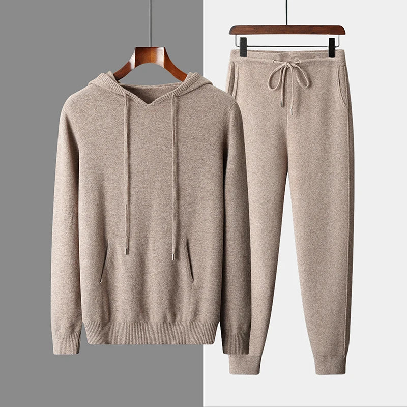 Herfst Winter Nieuwe Heren Set 100% Merinowollen Hoodie Casual Hoge Taille Broek Met Kleine Pijpen Verdikt Warm Herenkleding Tweedelige Set