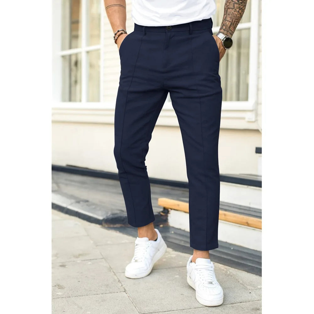 Mannen Business Casual Potlood Broek Losse Pak Broek Mannen Effen Geplooide Wassen Slijtage Jurk Broek Dubbele Vouw Lijn Slanke fit Broek